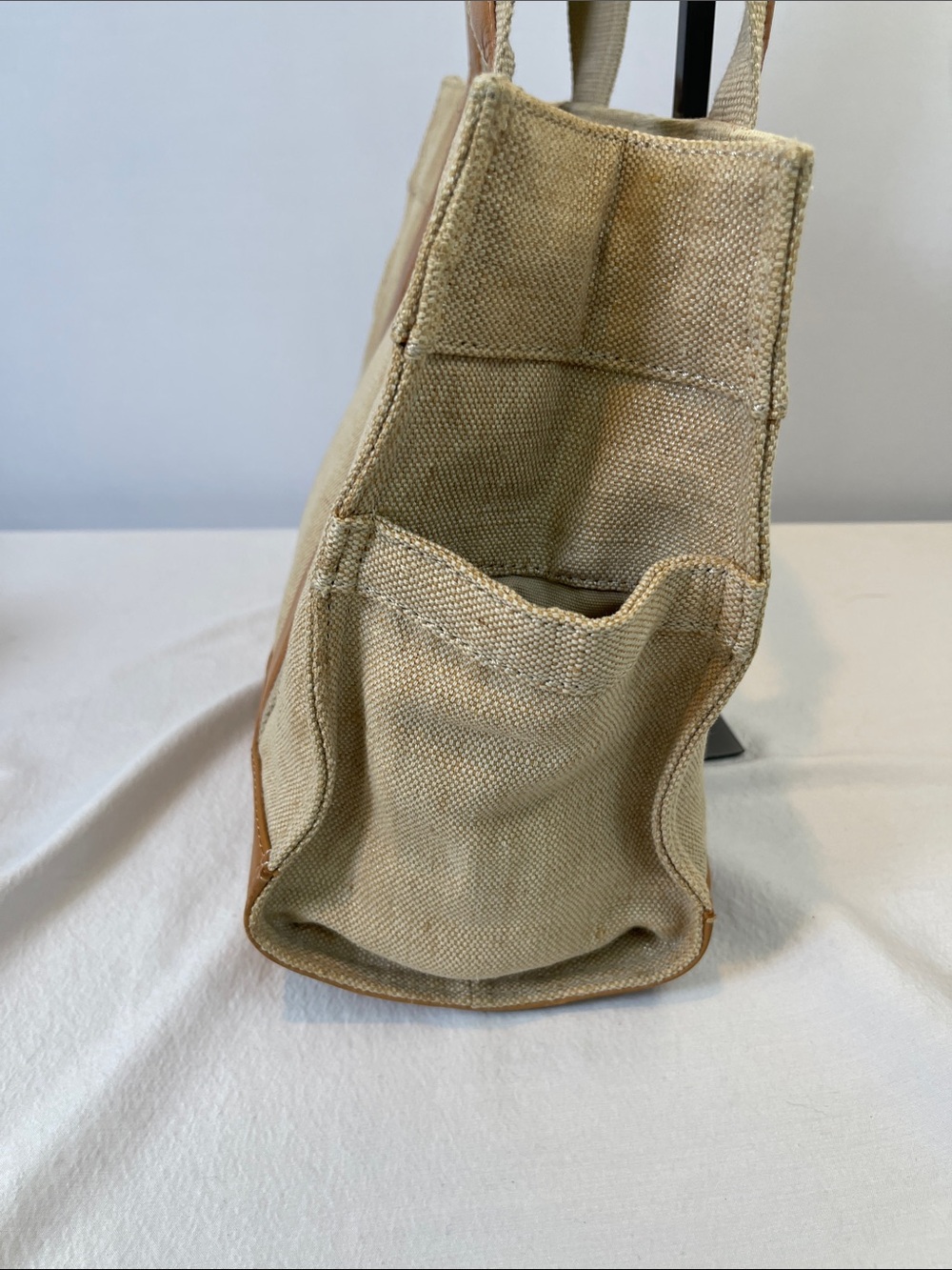 Tory Burch Ella Canvas Tote Beige Natural Canvas Leather Trim Small Tote Bag - Picture 7 of 15